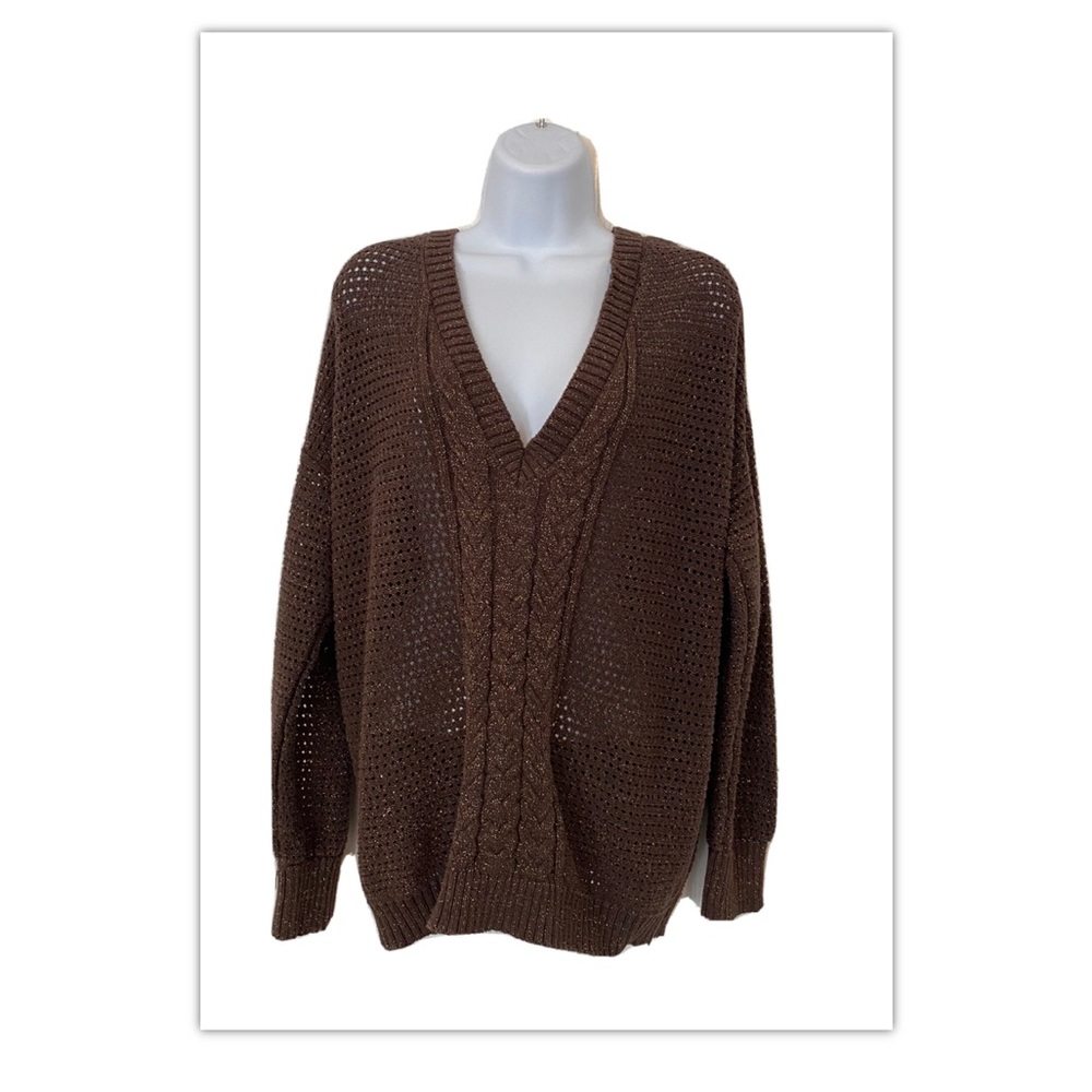 Lane Bryant Sweater 2X (18/20) Brown/Metallic V-Neck